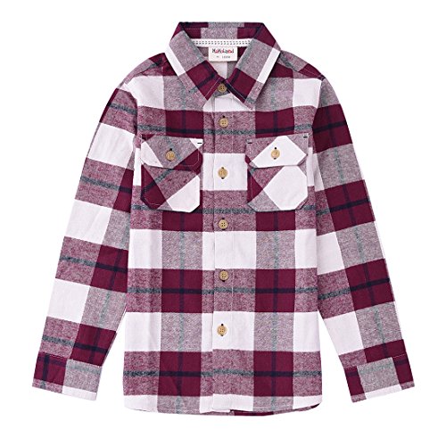 Momoland boy long sleeve Burgundy and White plaid flannel shirt front