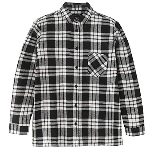 young women long sleeve white/black plaid flannel shirt front
