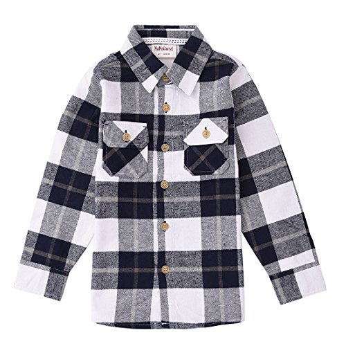 Momoland boy long sleeve navy plaid flannel shirt front