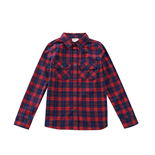 Momoland boy long sleeve navy/red plaid flannel shirt front