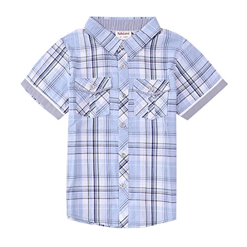 Momoland boy short sleeve blue plaid shirt front