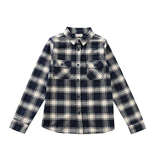 Momoland boy long sleeve navy plaid flannel shirt front