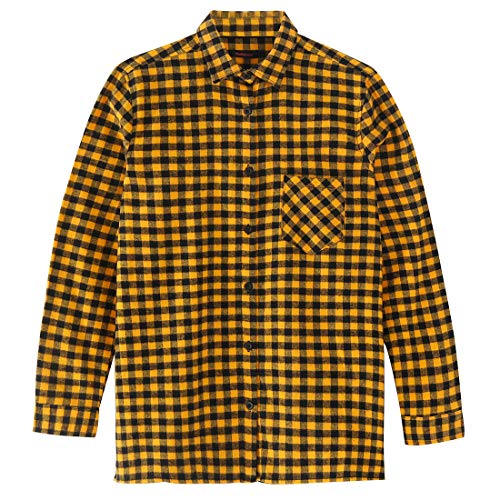 young women long sleeve yellow/black plaid flannel shirt front