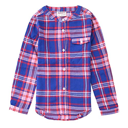 girl long sleeve navy/red plaid shirt front