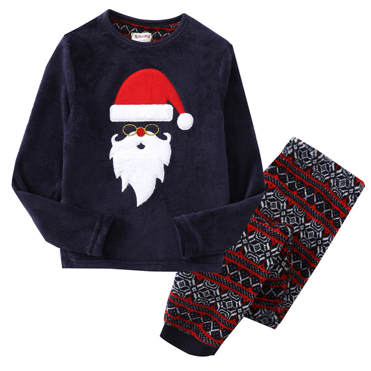 Girl Long Sleeve Coral Fleece Christmas Navy Pajamas Set front