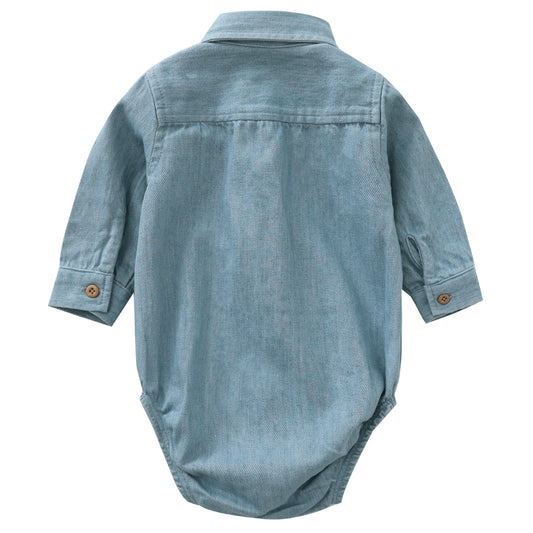 MOMOLAND Baby Boys Woven Denim Button Up Long Sleeve Bodysuit Romper Shirt
