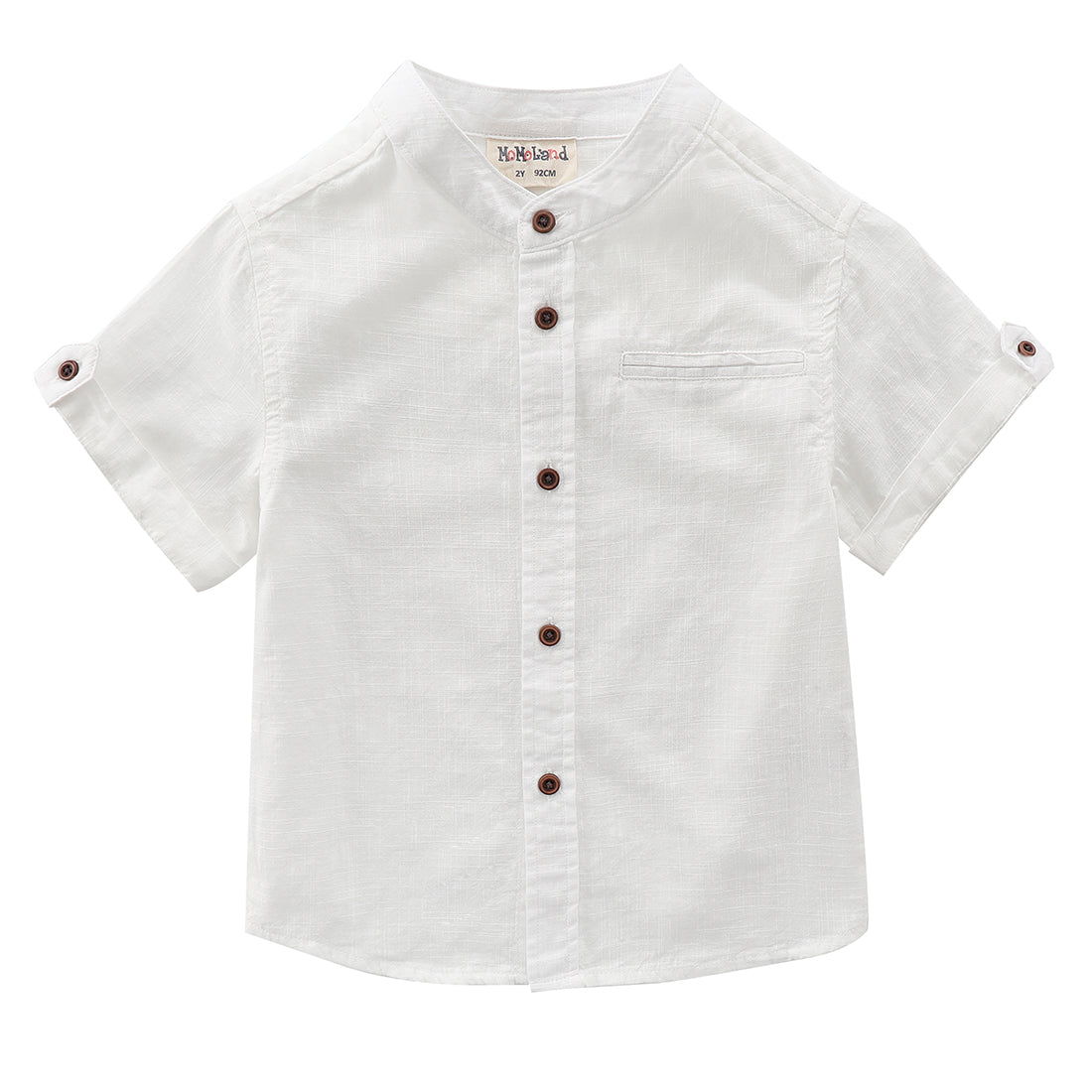 Boy Mandarin collar Short Sleeve off white fake linen shirt front