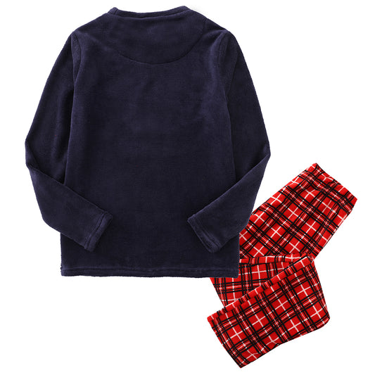 women long sleeve coral fleece christmas navy/checked pajamas back