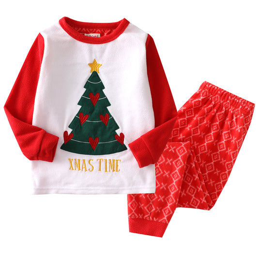 Girl Long Sleeve Polar Fleece Christmas White Pajamas Set front