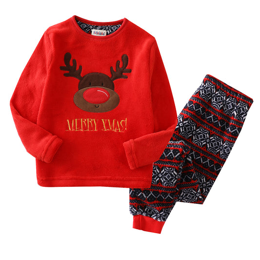 Boy Long Sleeve Coral Fleece Christmas Red Pajamas Set front