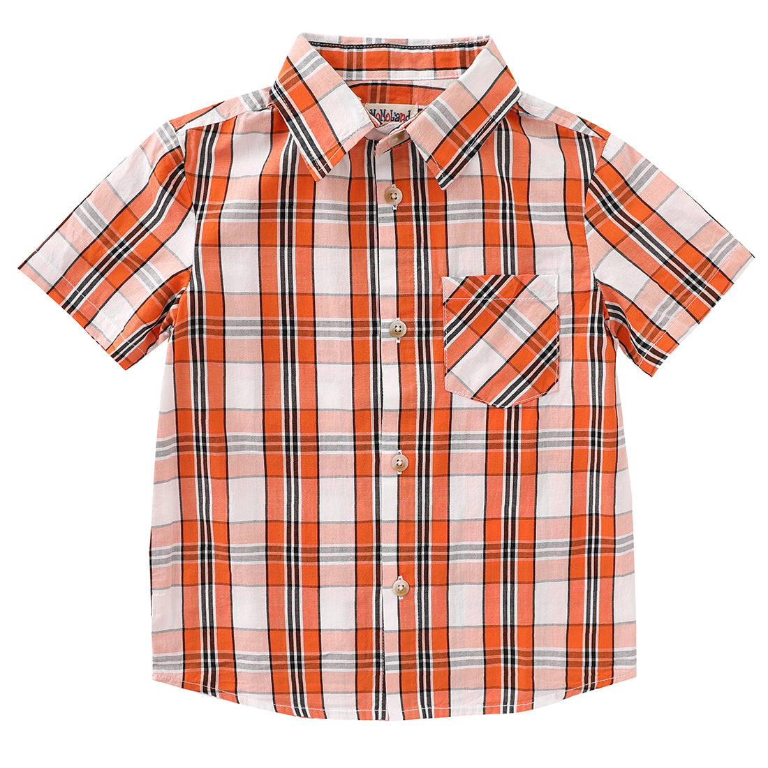 boy short sleeve orange/black plaid shirt front