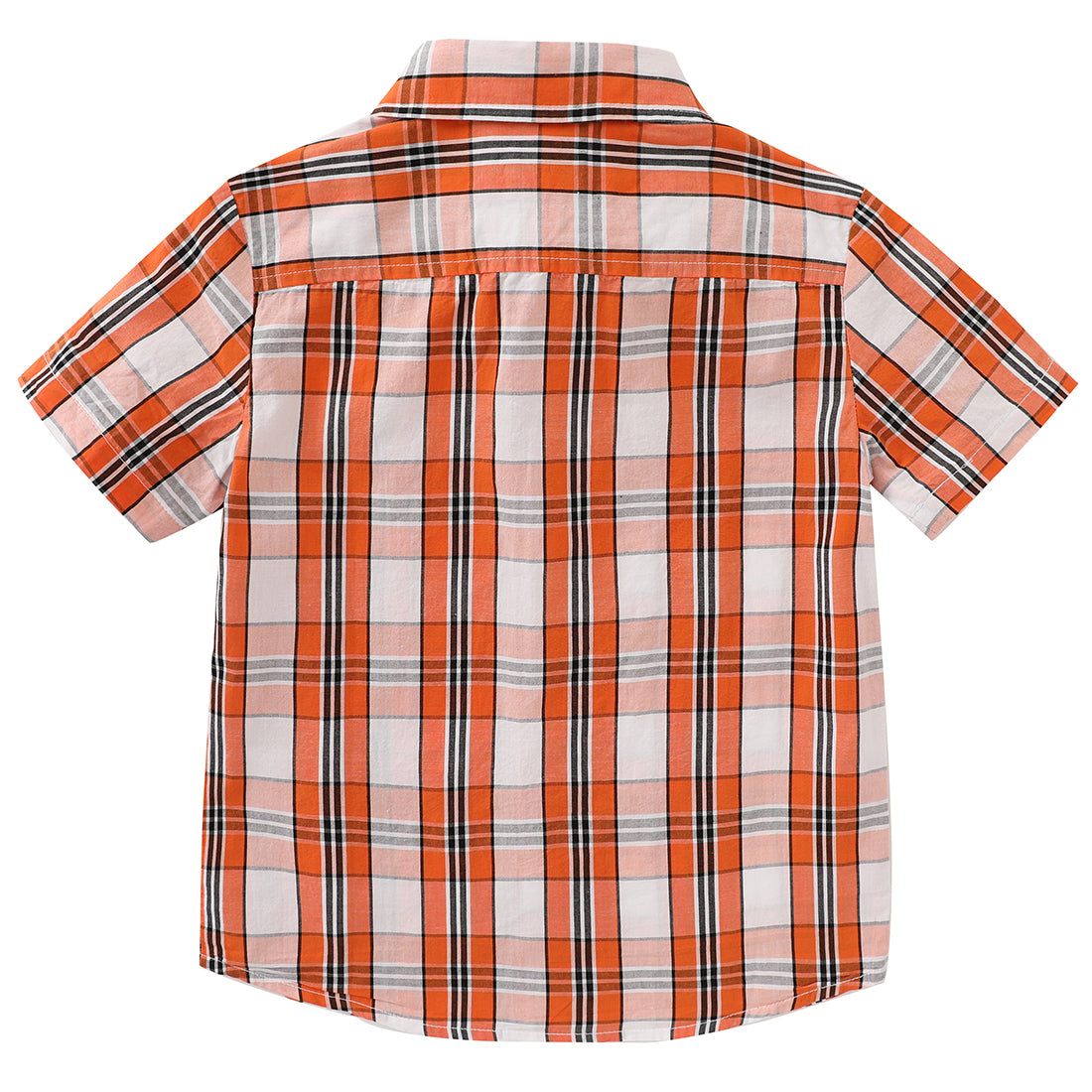 boy short sleeve orange/black plaid shirt back