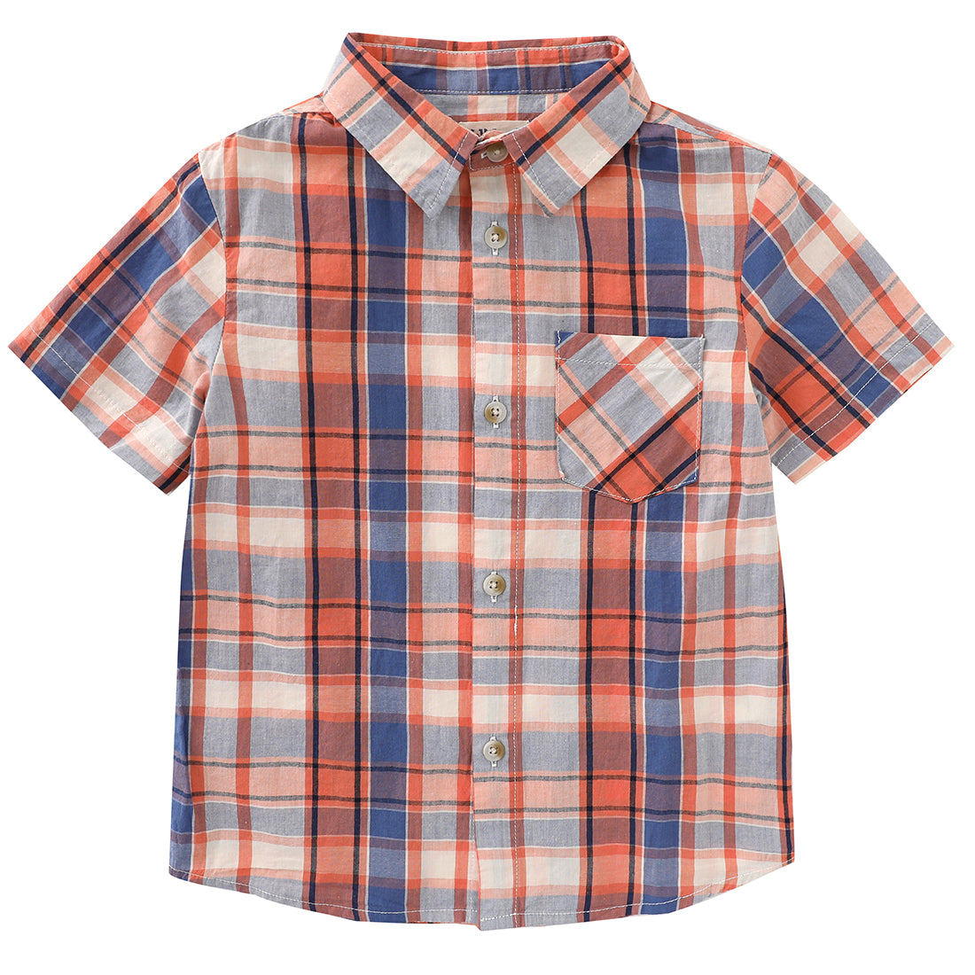 boy short sleeve blue/orange plaid shirt front