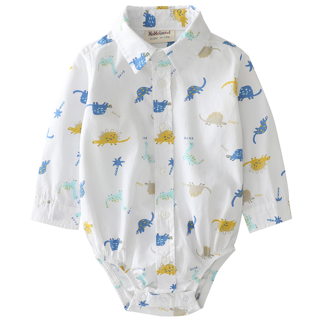 Momoland baby boy long sleeve dinosaur print white woven bodysuit front