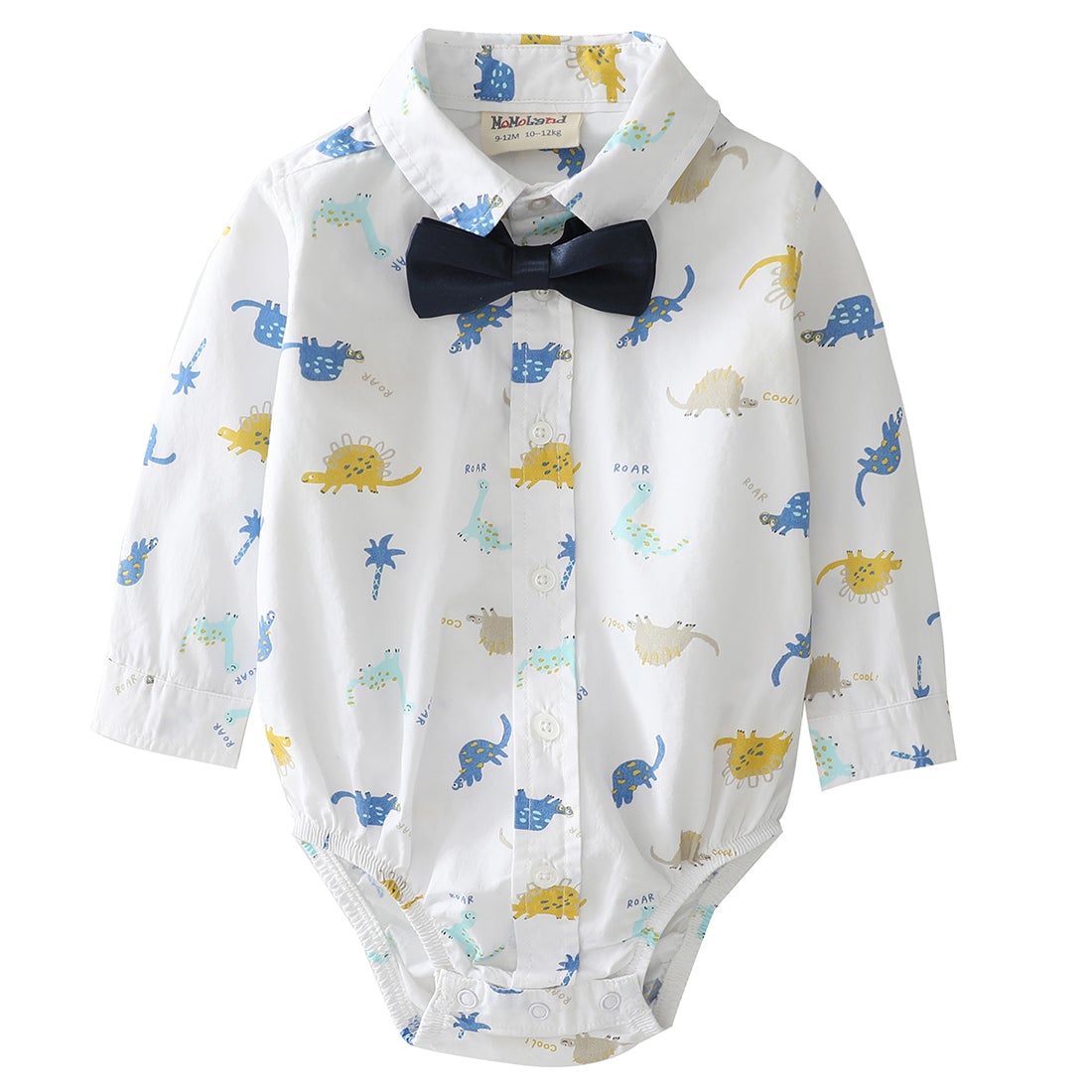 Momoland baby boy long sleeve dinosaur print white woven bodysuit with bow front