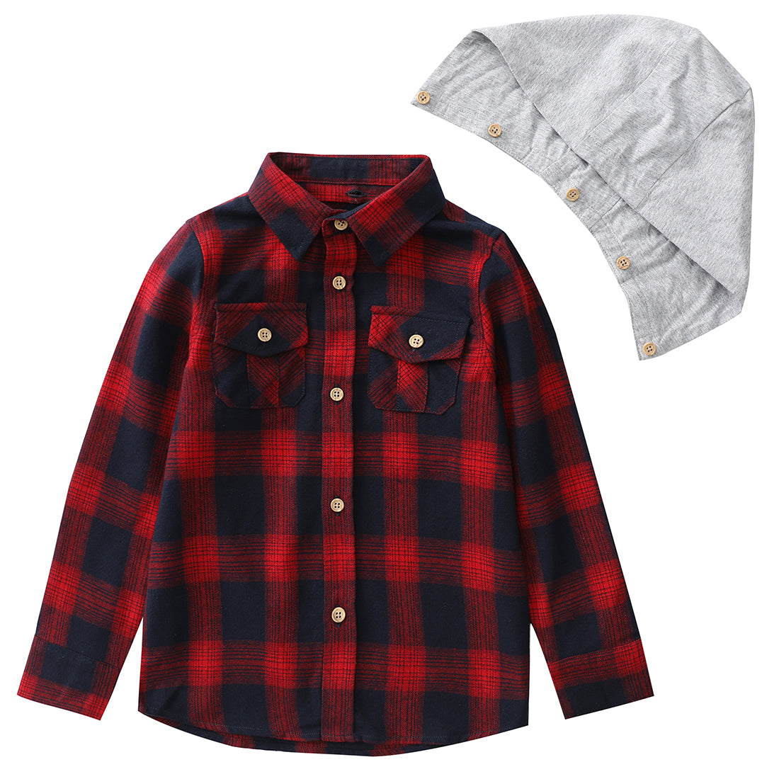 momoland boy long sleeve red/dark navy flannel plaid shirt with hooded 