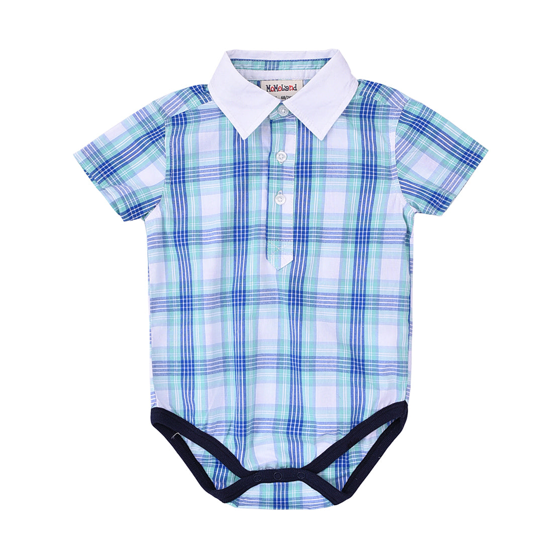 Momoland baby boy short sleeve blue plaid woven bodysuit front