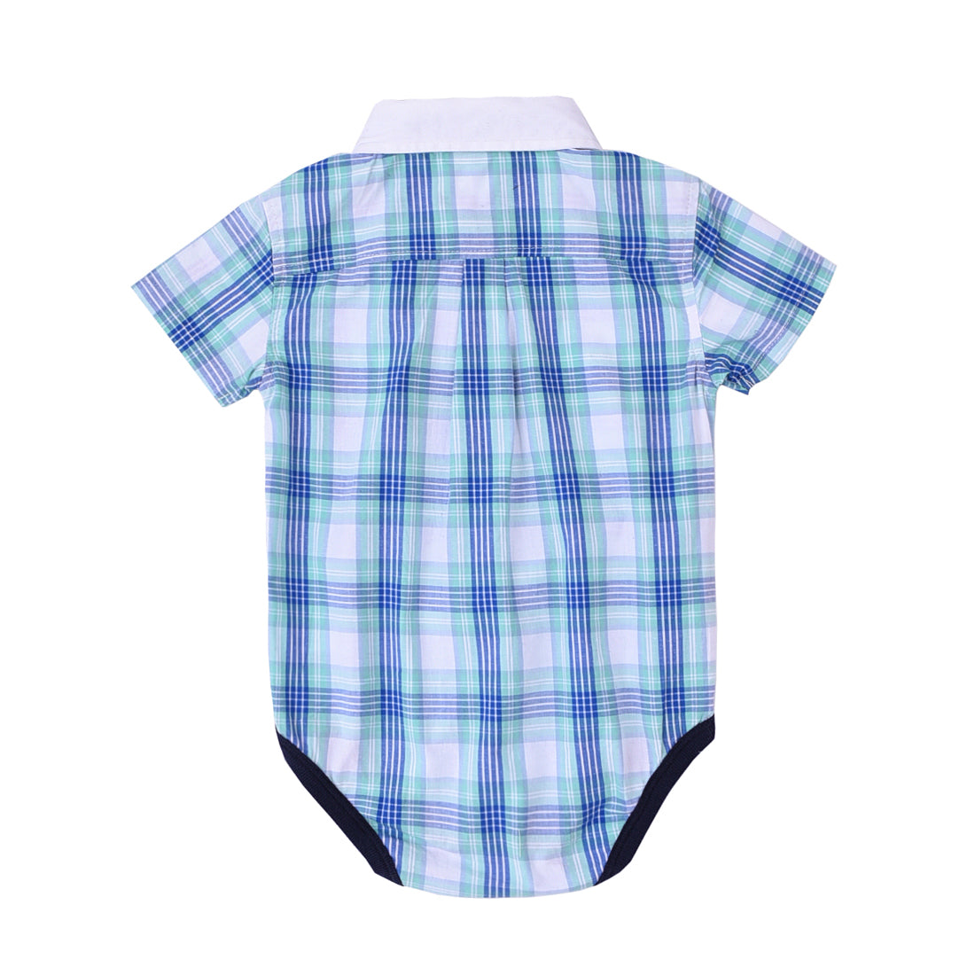 Momoland baby boy short sleeve blue plaid woven bodysuit back