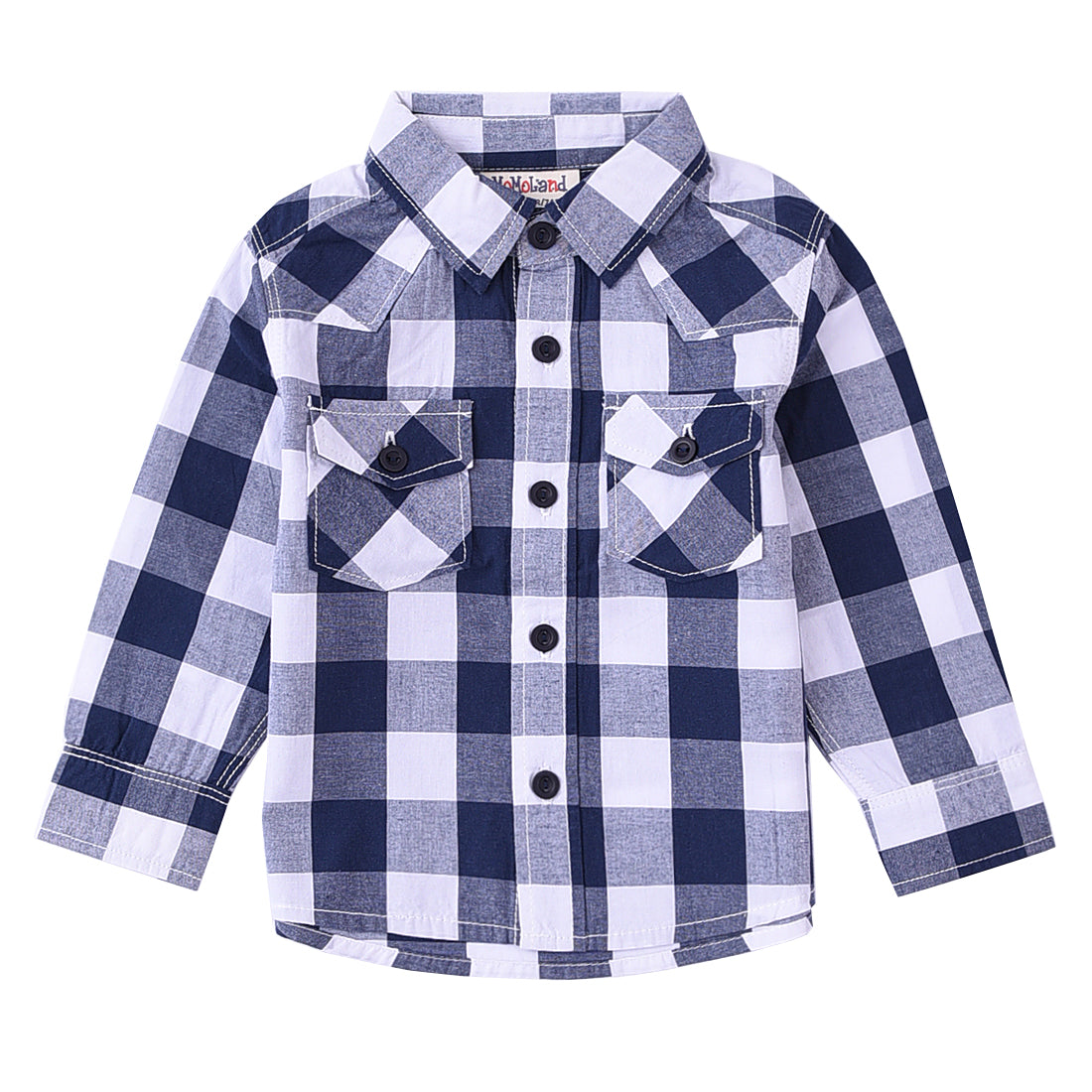 Momoland baby boy long sleeve navy/white plaid shirt front