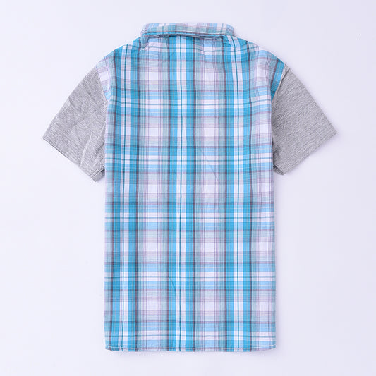 Momoland bog boy short sleeve blue/white plaid shirt front