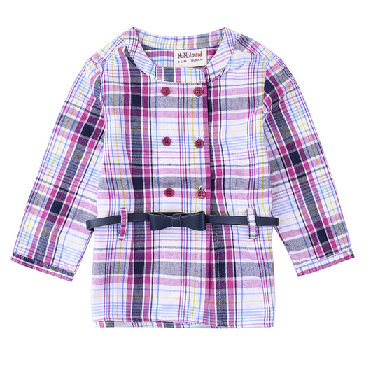 Momoland baby girl long sleeve white/navy plaid woven shirt front