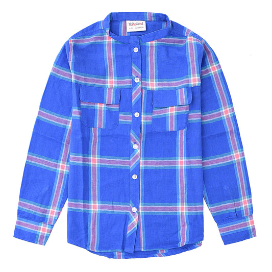 Girls Mandarin Collar Long Sleeve Blue/pink Plaid Shirt 