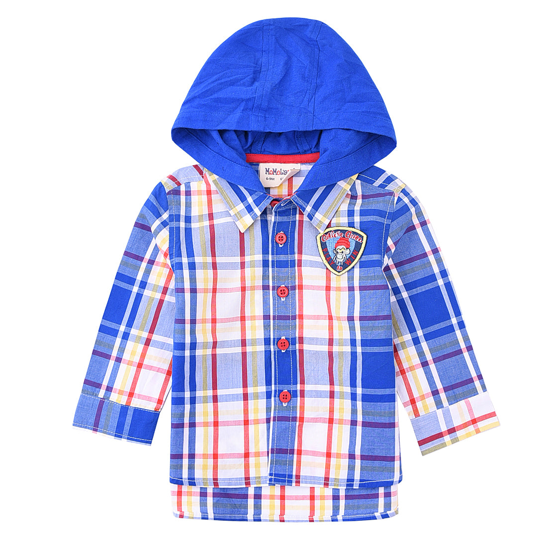 Momoland baby boy long sleeve blue plaid shirt with hooded front