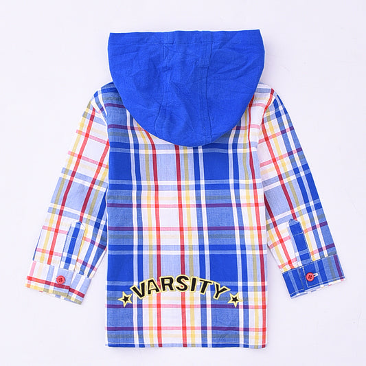 Momoland baby boy long sleeve blue plaid shirt with hooded back