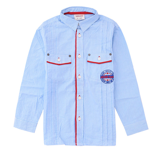 Momoland boy long sleeve blue stripes with red piping shirt front