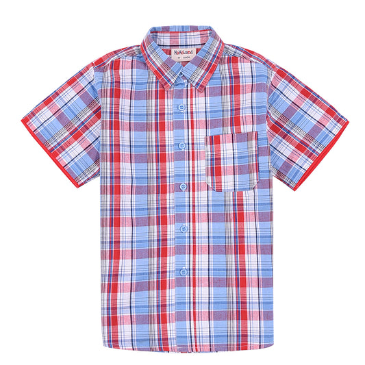 boy short sleeves red/blue plaid shirt front