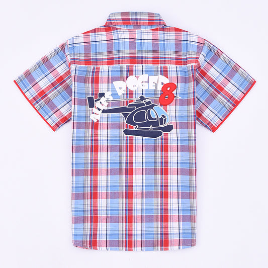 boy short sleeves red/blue plaid shirt back