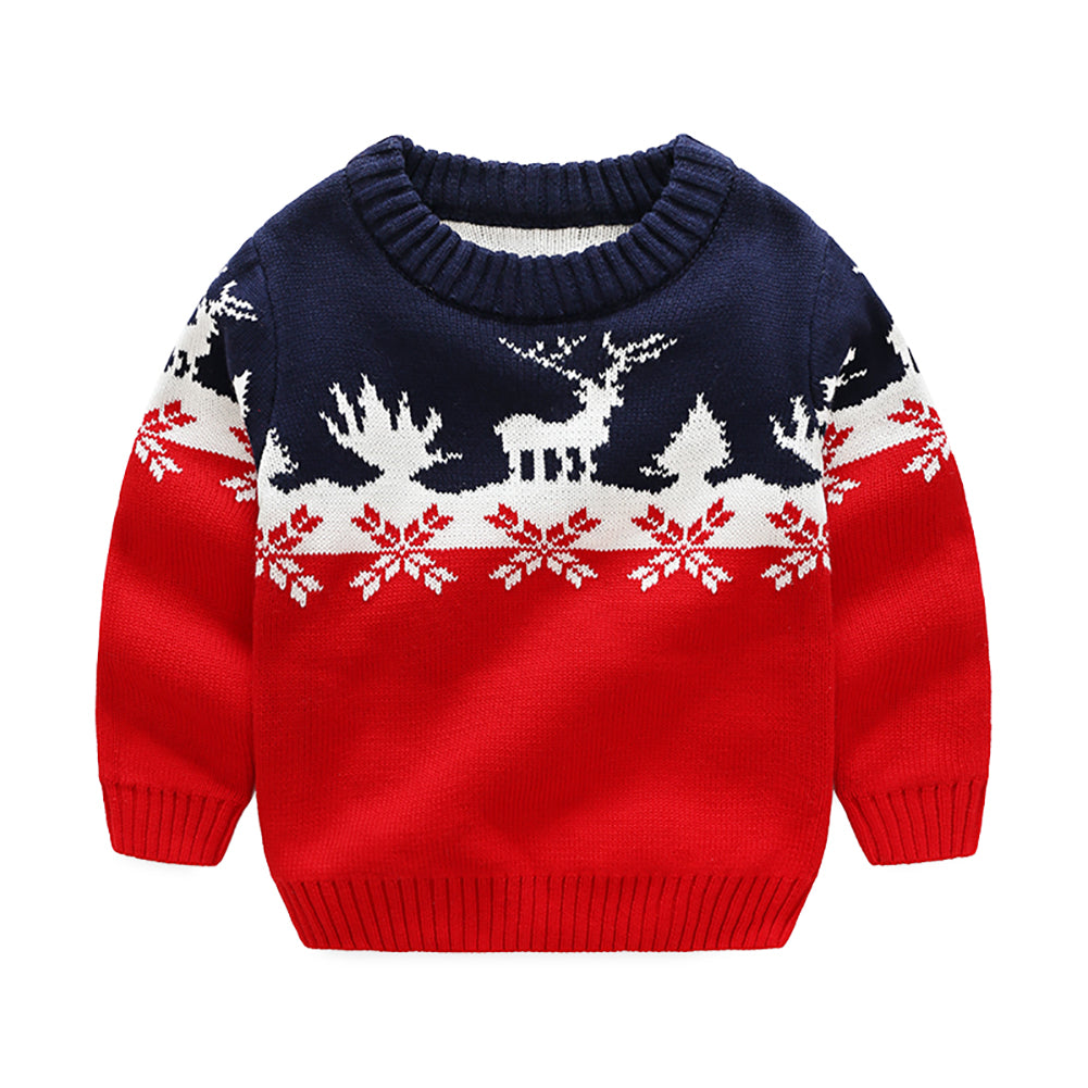 toddler boy long sleeve red/navy christmas reindeer sweater front