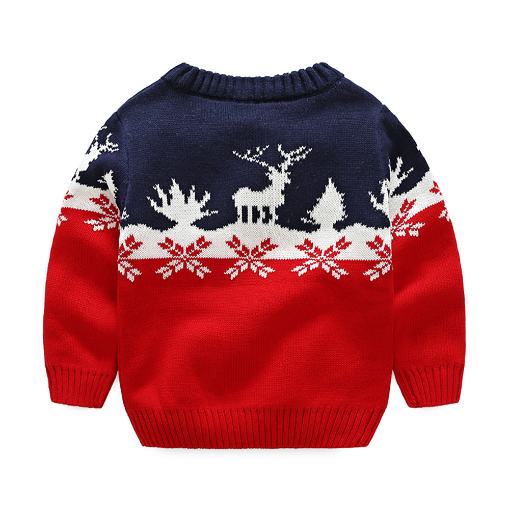 toddler boy long sleeve red/navy christmas reindeer sweater back