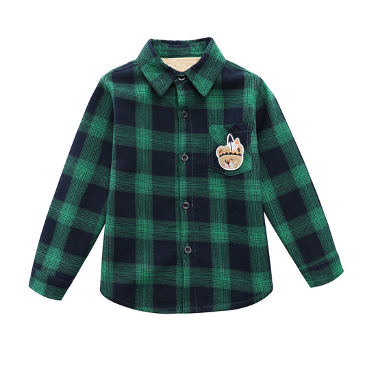 Momoland boy long sleeve green/navy plaid fleece lining shirt front