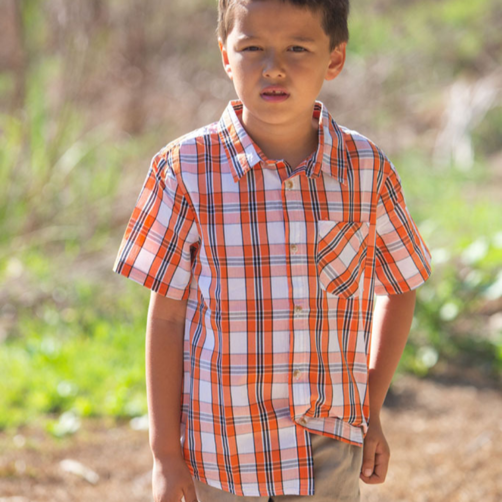 boy short sleeve orange/black plaid shirt model