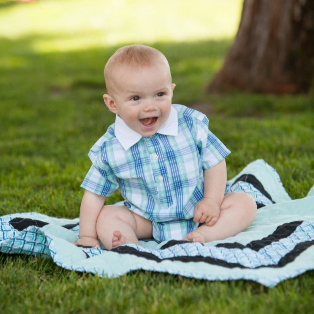 Momoland baby boy short sleeve blue plaid woven bodysuit model