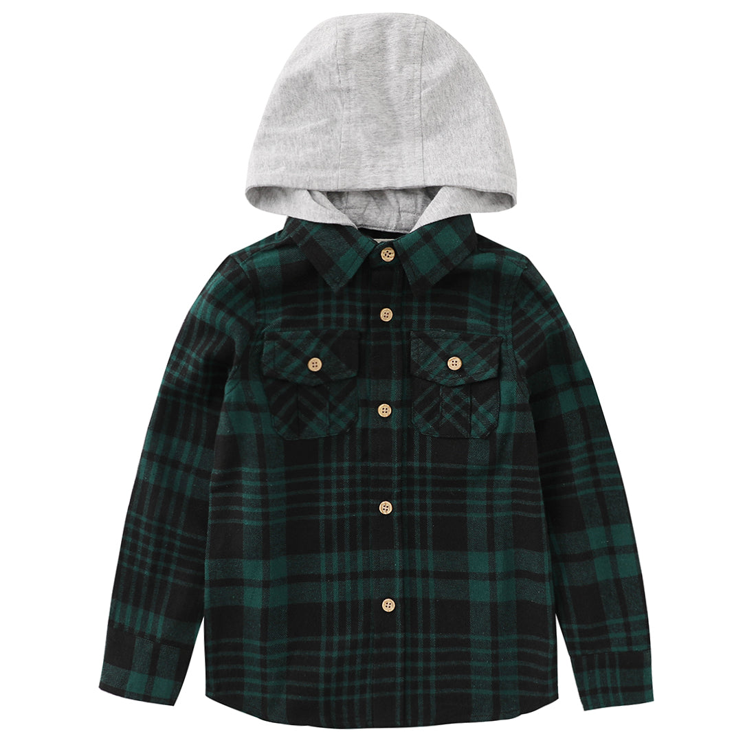 momoland boy long sleeve green/black  flannel plaid shirt with hooded front