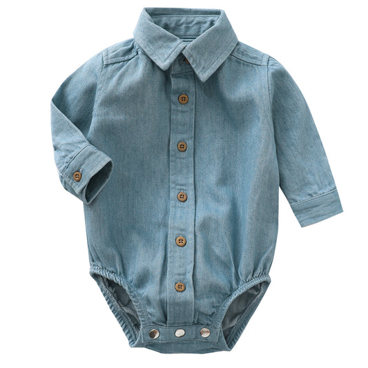 MOMOLAND Baby Boys Woven Denim Button Up Long Sleeve Bodysuit Romper Shirt