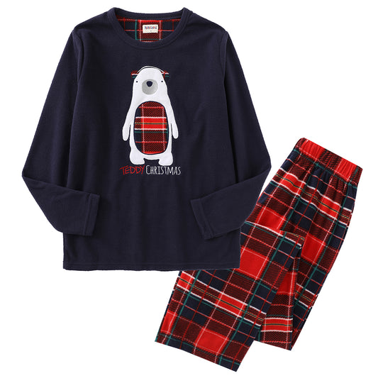 Women Long Sleeve Polar Fleece Christmas Navy/Checked Pajamas Set front