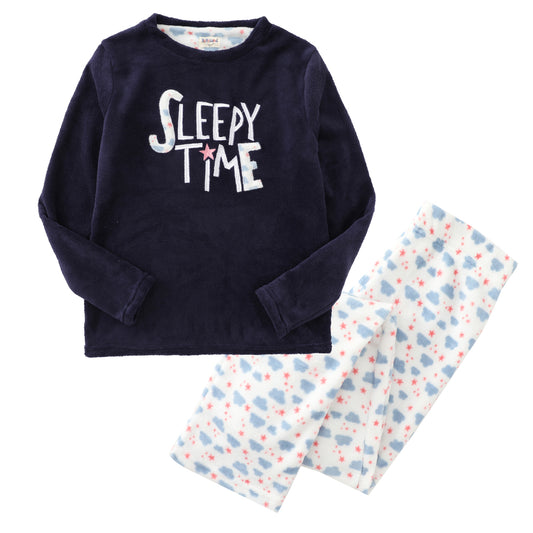 Women Long Sleeve Coral Fleece Christmas Navy Pajamas Set front