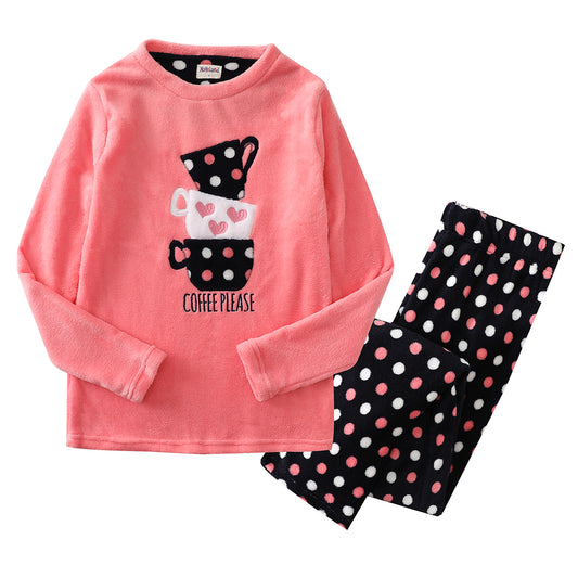 Women Long Sleeve Coral Fleece Christmas Pink Pajamas Set front