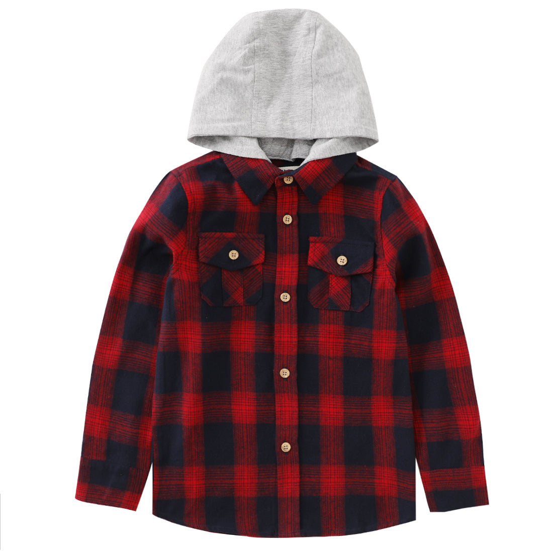 momoland boy long sleeve red/dark navy flannel plaid shirt with hooded front