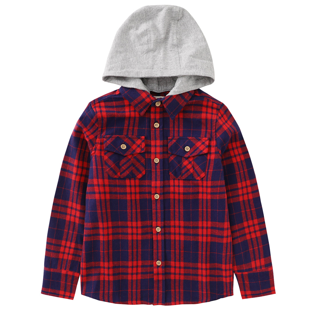 momoland boy long sleeve red/navy flannel plaid shirt with hooded front