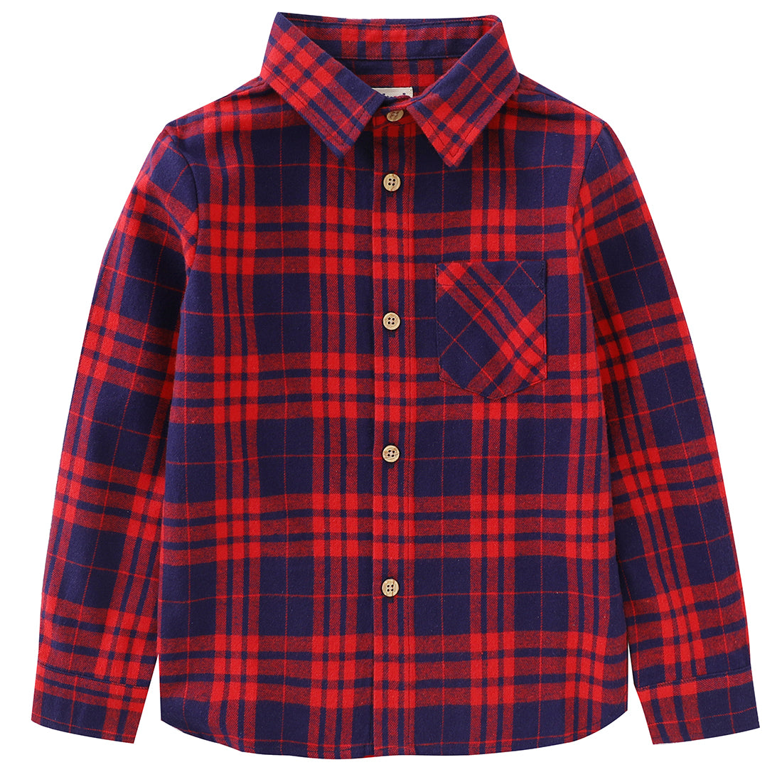 momoland boy long sleeve red/navy plaid flannel shirt front