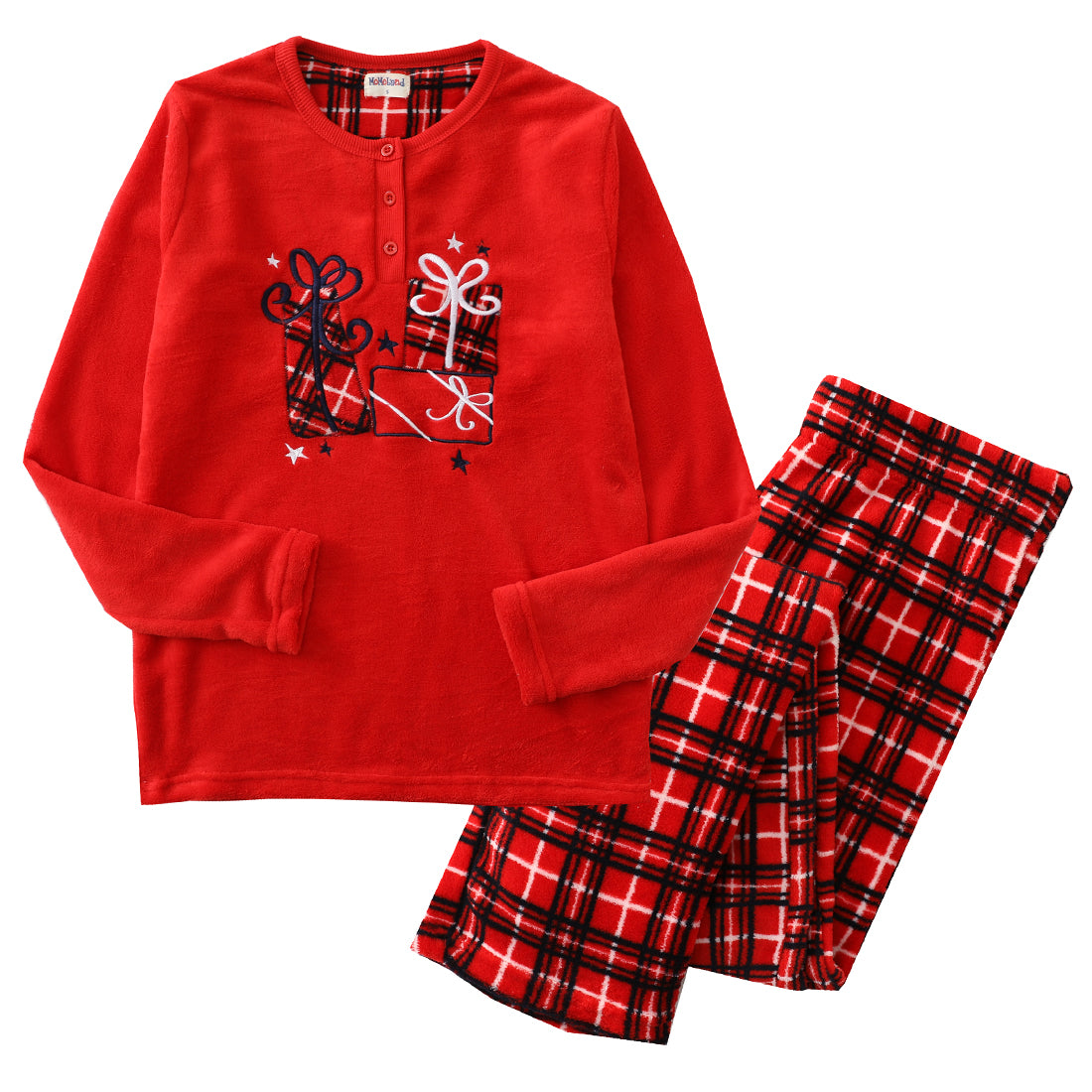 Women Long Sleeve Coral Fleece Christmas Red Pajamas Set front