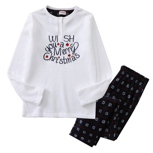 women long sleeve coral fleece christmas white/checked pajamas set