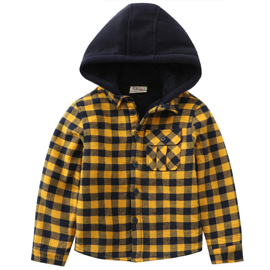 Boy Long Sleeve Teddy Fleece Lining Flannel Jacket with Hooded